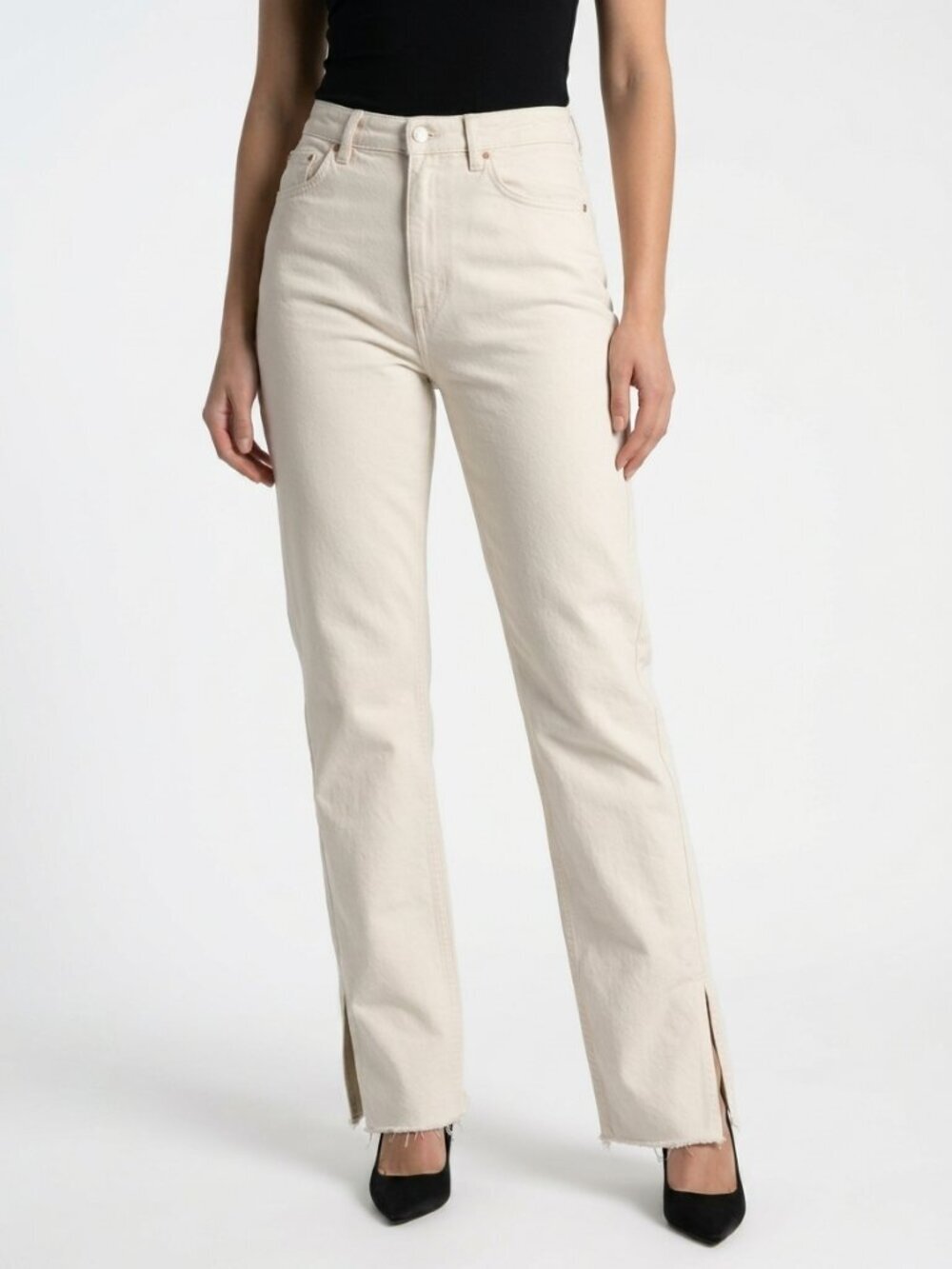 ZARA High Rise Straight Leg Jeans Side Slit Cream Size 4